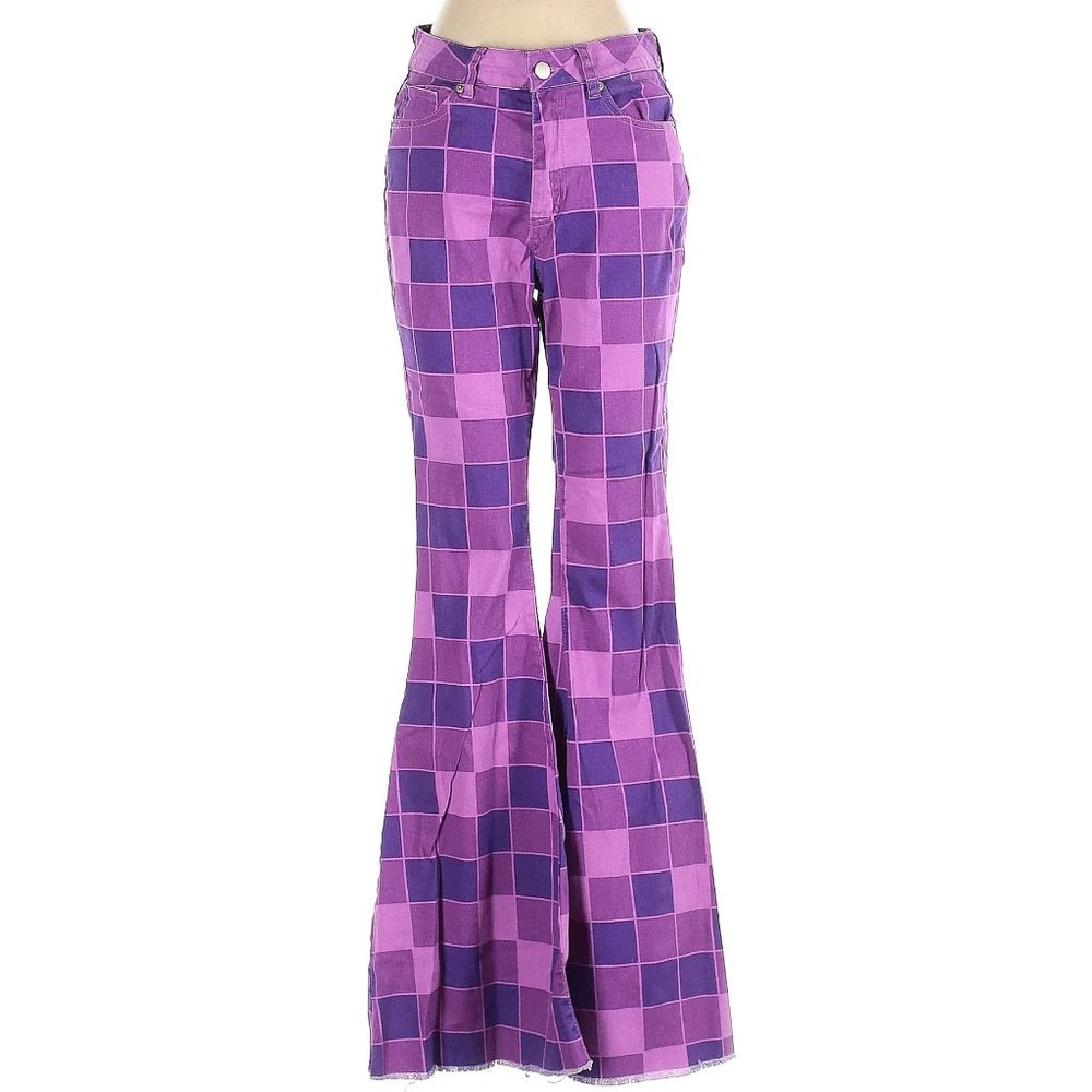 💥RETRO CHIC💥Dolls Kill American Bazi Checkered Flare Jeans in Purple/Plum/Pink - Picture 8 of 12